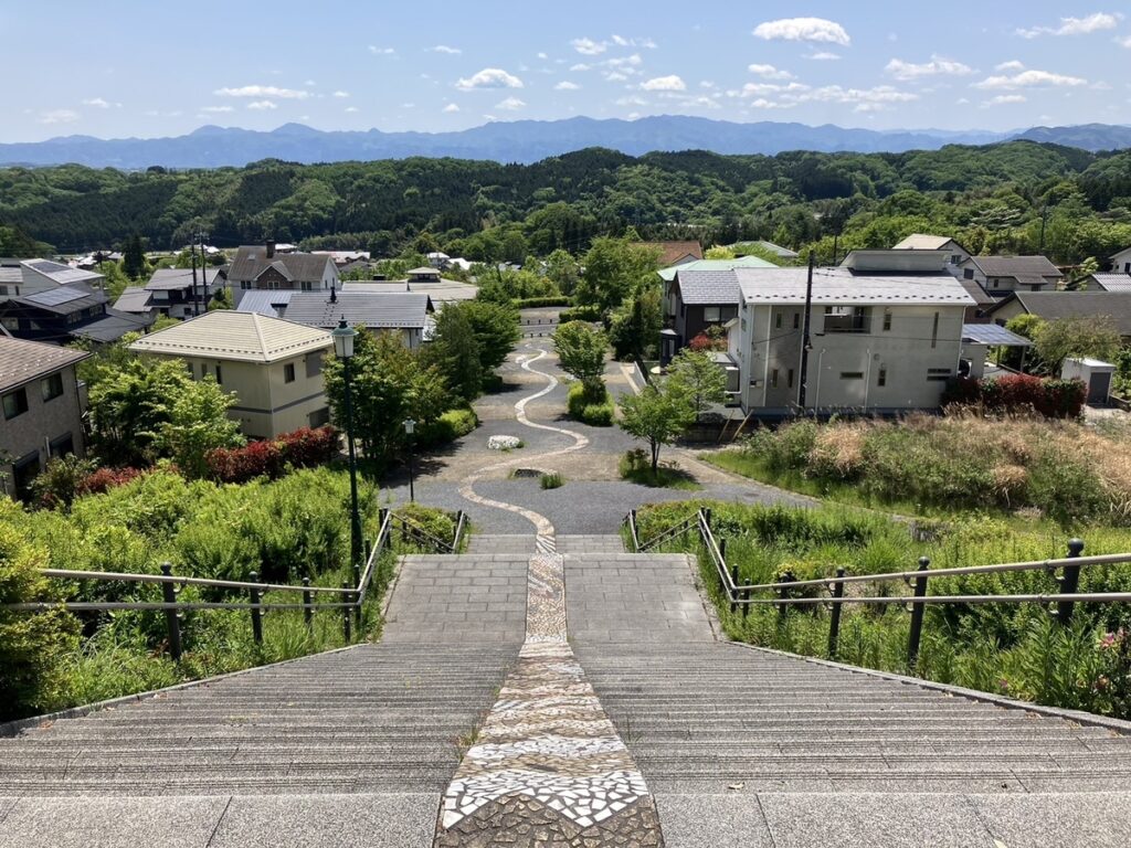 天空の丘から見える森と階段