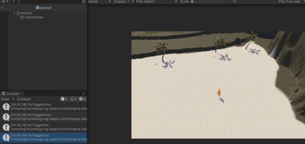 Unity:OnTriggerを検知時のコンソール出力画面